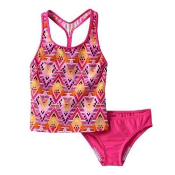 *Swimsuit Speedo sz 14 Pink Geo 2 Pc Racerback Tankini & Scoop Bikini Girls - Picture 1 of 6